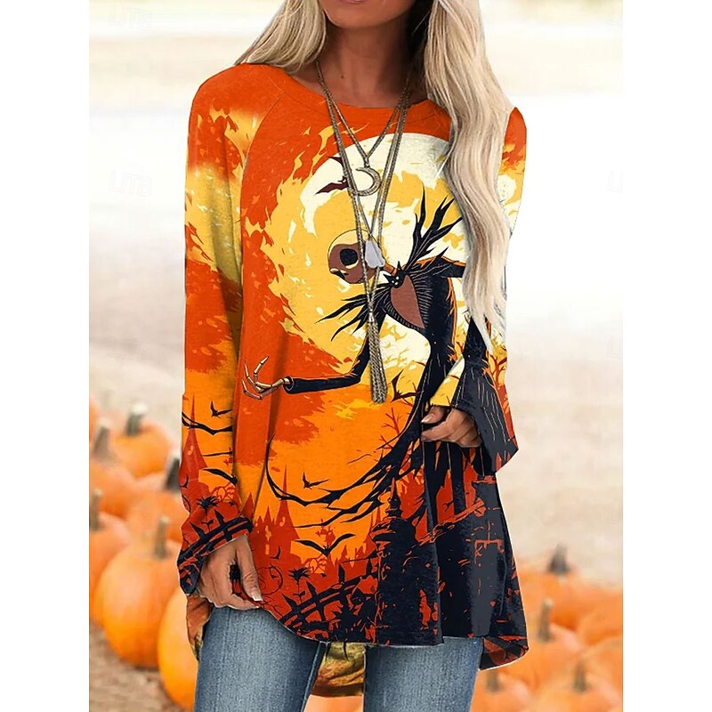 Halloween Women's T Shirt Skulls Long Sleeve Graphic Vintage Stylish Classic Long Sleeve Crew Neck Regular Tops Daily Print Black Blue Purple Orange Spring Fall Prefall