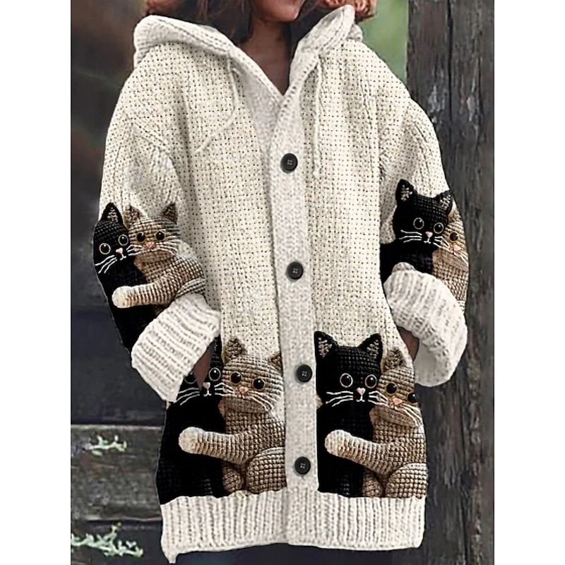 Women's Cardigan Vacation Daily Animal Ribbed Hooded Knitted Print Front Pocket Long Sleeve Regular Tops Knit Outdoor Daily Holiday Black Yellow Fall Winter2