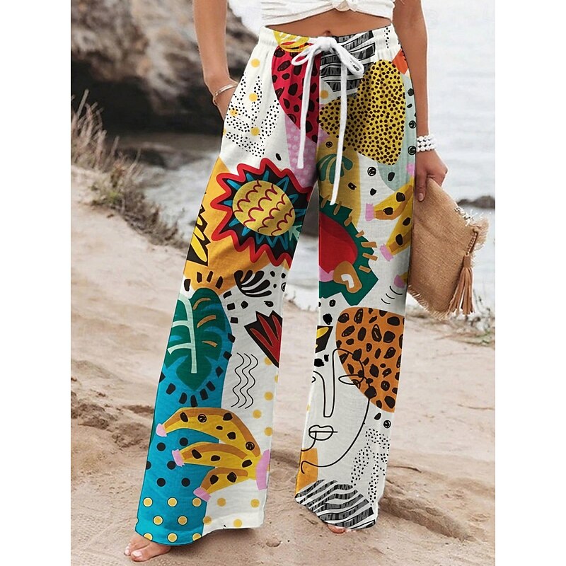 Women's Wide Leg Pants Trousers Vacation Casual Long High Waist Floral Elastic Waist Printing High Cut Breathability Soft Micro-elastic Vacation Street Daily Wear Black White Yellow Spring Fall2