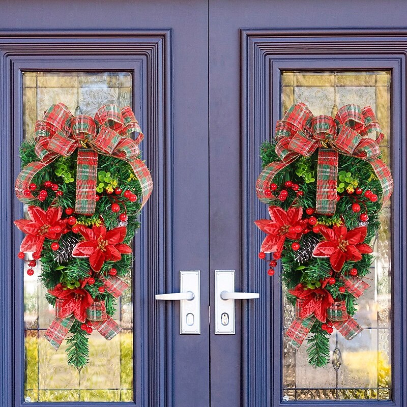 Christmas Hanging Flower Tree Classic Red and Green Plaid Wreath Door Hanging Mall Hotel Holiday Decoration Perfect Festive Christmas Floral Ornament2