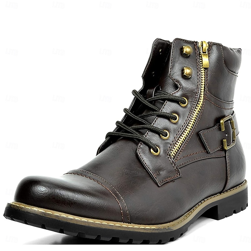Men's Combat Boots with Side Zipper and Buckle - Casual Fashion Lace-Up Ankle Boots for Urban Streetwear and Everyday Outfits4