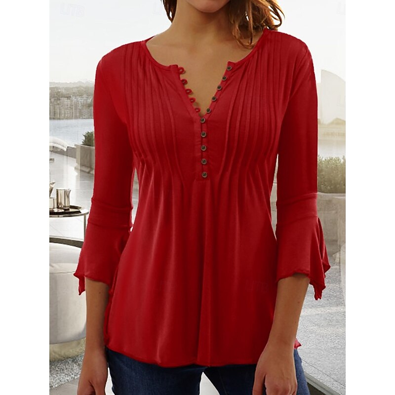 Women's Blouse Solid Color Plain Elegant Bohemia Stylish 3/4 Length Sleeve Ruffle Sleeve V Neck Regular Tops Work Daily Holiday Ruched Ruffle Buttons Black White Wine Red Summer Spring Fall4