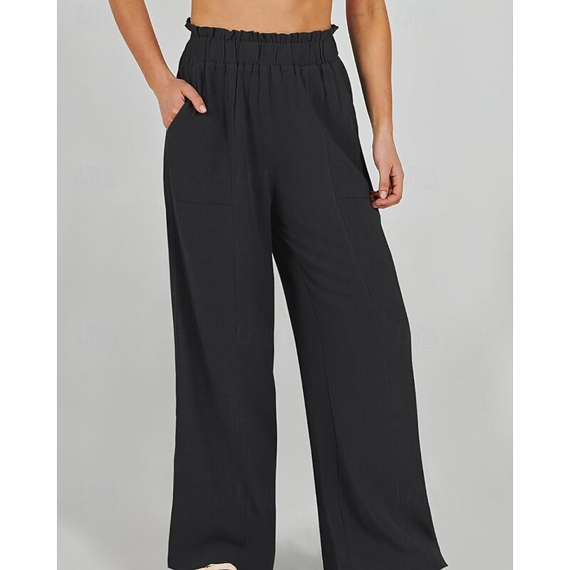 Women's Wide Leg Slacks Streetwear Casual Full Length Natural Plain Pocket Elastic Waist Soft Holiday Daily Wear Weekend Apricot Black Khaki Fall Regular Fit4