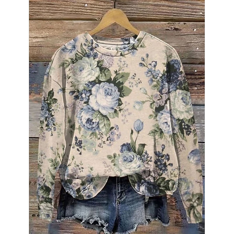 Women's Pullover Sweatshirt Floral Graphic Warm Active Vintage Long Sleeve Round Neck Regular Tops Street Dailywear Casual Print Yellow Pink Red Blue Beige Spring Fall Winter