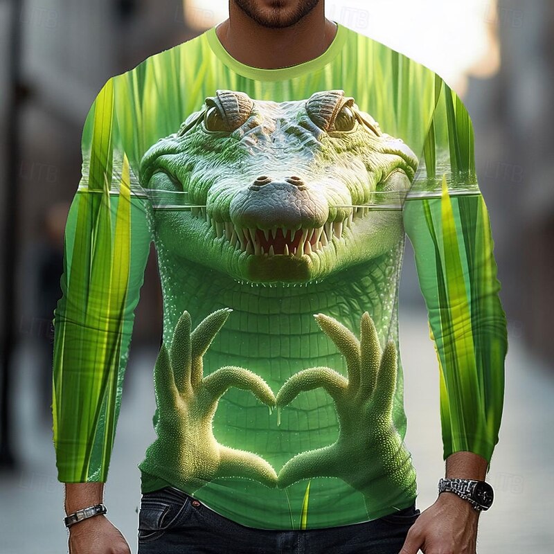 Men's Crocodile 3D T Shirt Long Sleeve T shirt 3D Print Crew Neck Shirt Fashion Basic Street Casual Daily Green 1# Green 2# Green 3# Summer Spring Clothing Apparel S M L XL XXL XXXL3