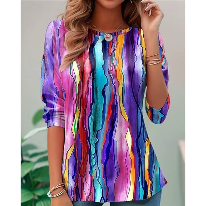 Women's T Shirt Color Block Casual 3/4 Length Sleeve Round Neck Regular Tops Daily Going out Weekend Fuchsia Summer