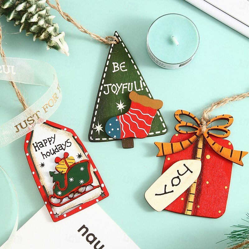 3PCS Christmas Hanging Ornaments  Cute Cartoon 3D Indoor Wooden Colorful Printed Decorations with Christmas Tree, Rocking Horse, Reindeer for Holiday Decor and Gifts