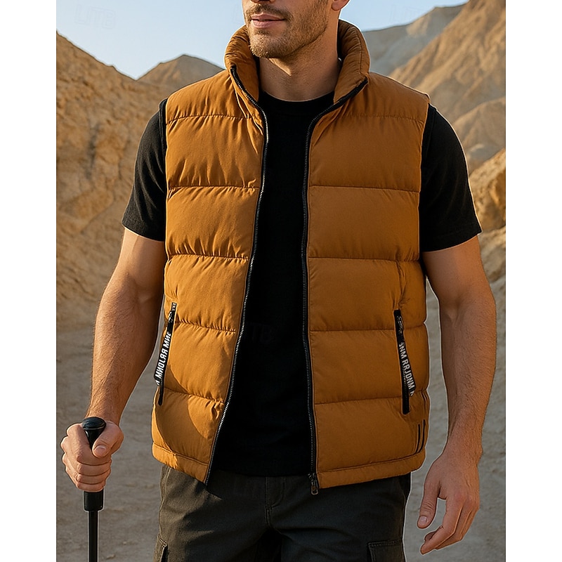 Men's Hiking Vest Puffer Vest Sleeveless Vest Outdoor Thermal Warm Windproof Winter Zipper Pocket Polyester Black White Yellow Hunting Fishing Climbing3