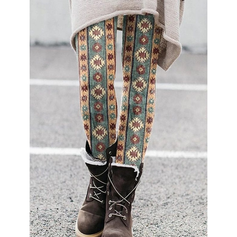 Women's Pants Trousers Leggings Cozy Leggings Vacation Vintage Full Length High Waist Geometric Color Block Elastic Waist Print Breathability Comfortable Stretchy Vacation Street Green Summer Spring