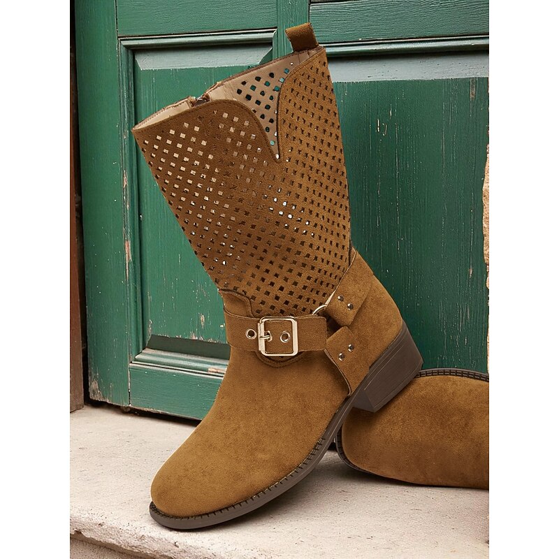 Women's Brown Faux Suede Mid Calf Boots with Cutout Design and Buckle Strap – Casual Western Style Boots for Fall, Outdoor and Streetwear4