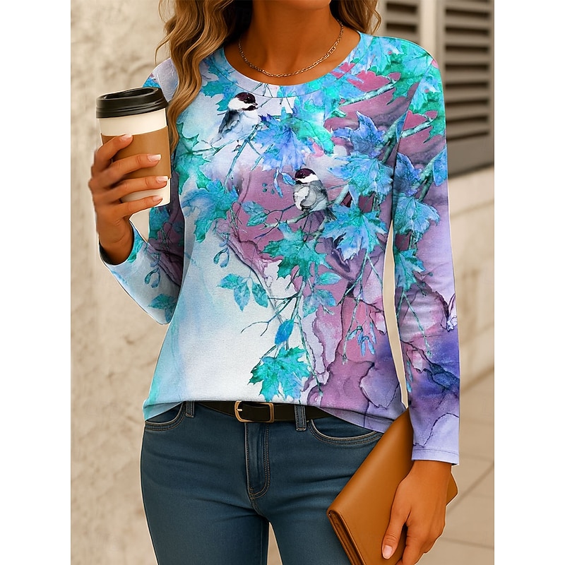 Women's T Shirt Graphic Bird Plants Vintage Stylish Classic Long Sleeve Crew Neck Regular Tops Daily Print Yellow Pink Blue Spring Fall Winter3