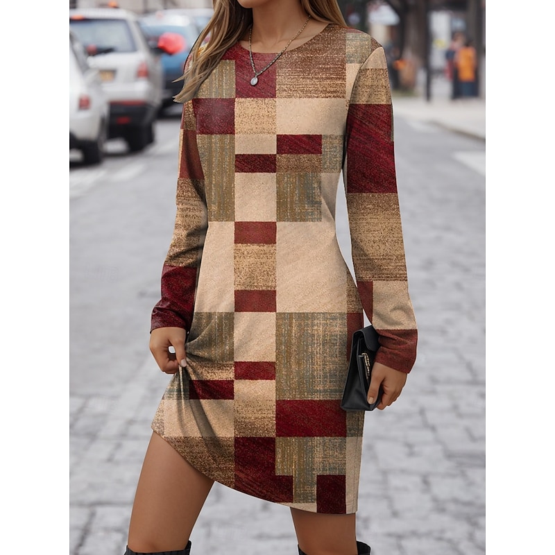 Women's Mini Dress T Shirt Dress Tee Dress Shift Dress Casual Daily Regular Fit Graphic Geometric Long Sleeve Crew Neck Red Blue Purple Brown Spring Fall Winter