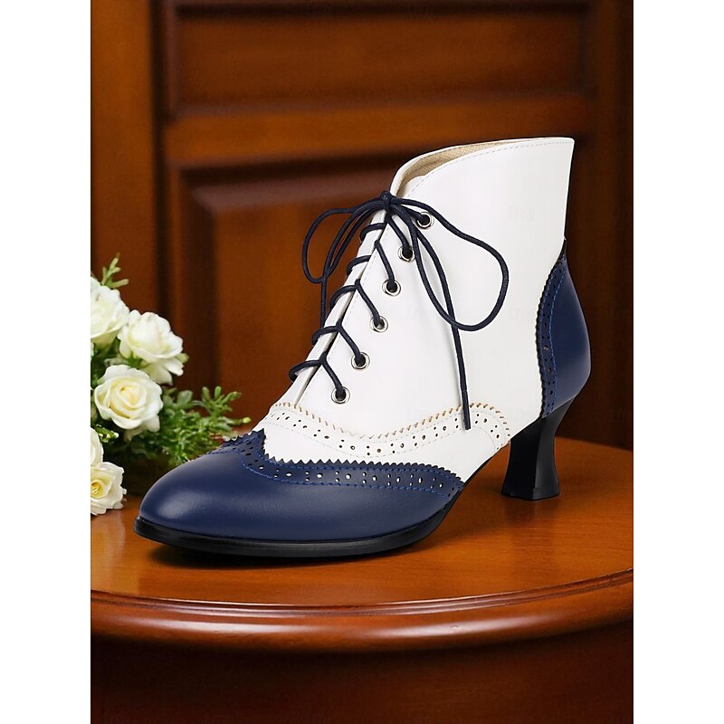 Women's 1950s Vintage Oxford Ankle Boots – Two-Tone Lace-Up Brogue Heels with Wingtip Design, Edwardian Style for Retro Outfits, Cosplay, Tea Parties and Daily Wear