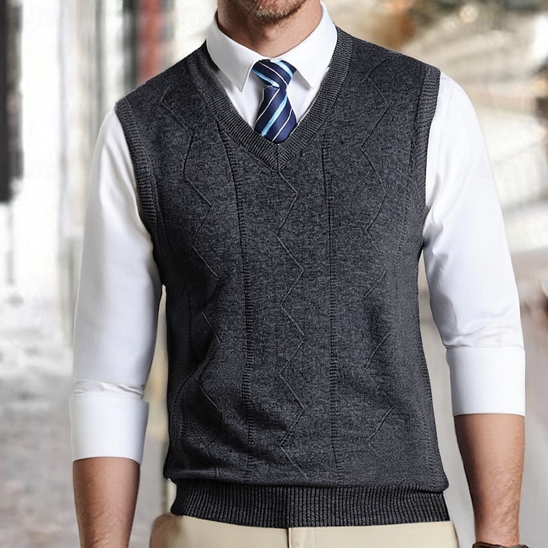 Men's Sweater Vest Dress Sweater Pullover Sweater Jumper Vest Knit Sweater Ribbed Knit Regular Tops Knitted V Neck Daily Wear Date Clothing Apparel Fall Winter Green Light Grey S M L3