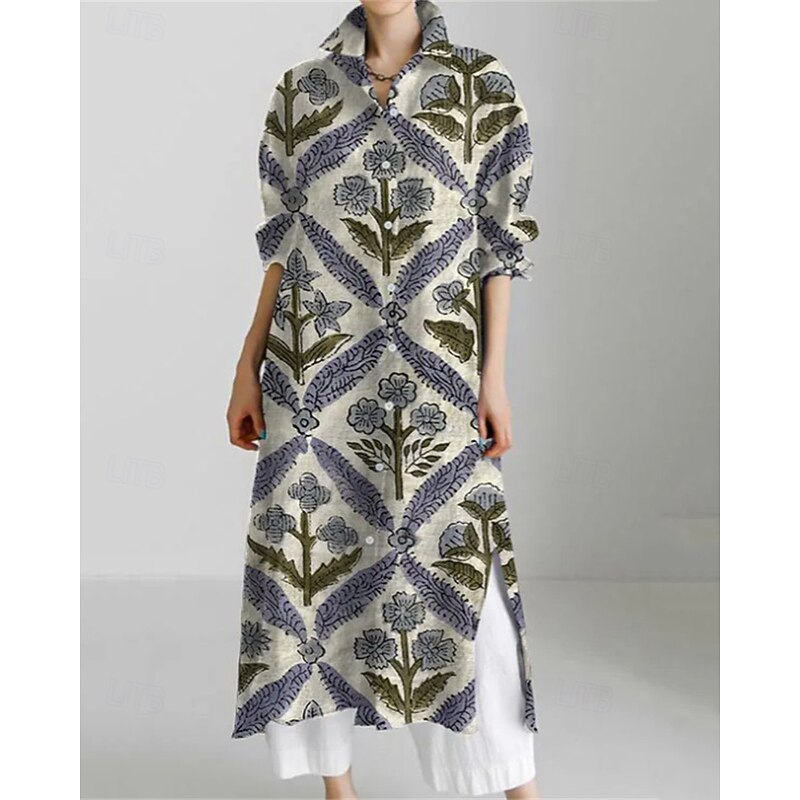 Women's Long Dress Maxi Dress Shirt Dress Casual Dress Print Dress Fashion Modern Daily Weekend Regular Fit Geometric Flower Long Sleeve Shirt Collar Yellow Blue Khaki Dark Blue Spring Fall2