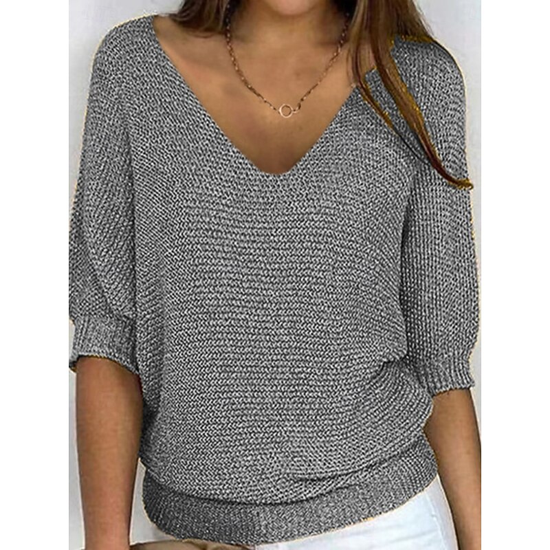 Women's Sweater Pullover Daily Stylish Casual Solid Color Ribbed V Neck Knitted 3/4 Length Sleeve Regular Tops Knit Outdoor Daily Black Light Green Summer Spring3