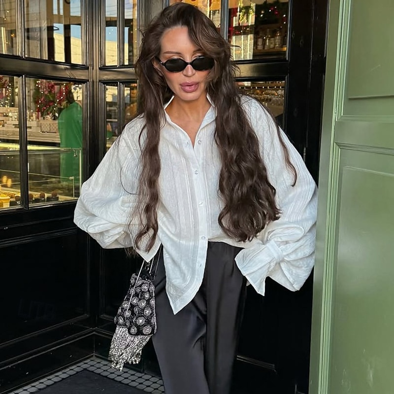 Women's100% Cotton Shirt Plain Elegant Vintage Daily Long Sleeve Regular Tops Work Daily Holiday Ruffle White Spring Fall