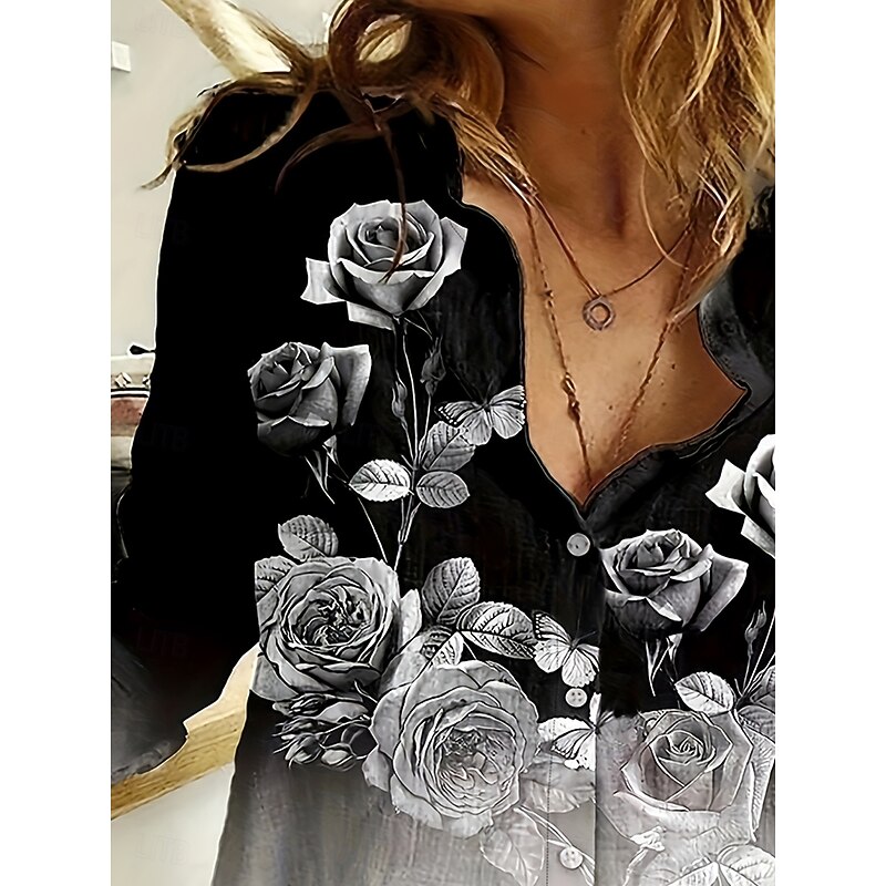 Women's Shirt Button Down Tunic Shirt Collar Long Sleeve Floral Graphic Elegant Vintage Tropical V Neck Regular Tops Work Daily Holiday Print Black Spring Fall3