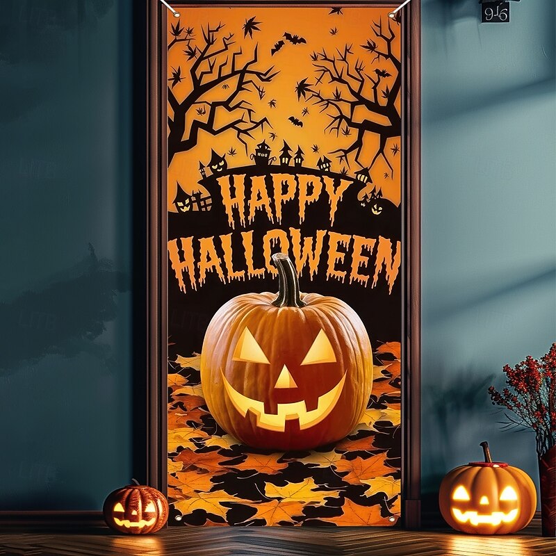 Halloween Door Cover Outdoor Banners Pumpkin Psychedelic Dark Punk Gothic Style Party Outdoor Shooting Backgrounds Front Door Wall Porch Home Decor2