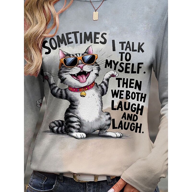 Women's T shirt Long Sleeve Graphic Animal Cat Vintage Fashion Stylish Long Sleeve Crew Neck Round Neck Regular Tops Daily Weekend Print Gray  Spring Fall Prefall3