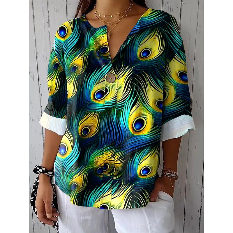 Women's Blouse Graphic Animal Vintage Long Sleeve V Neck Regular Tops Daily Holiday Vacation Wear Patchwork Buttons Print Yellow Blue Green Rainbow Summer Spring4