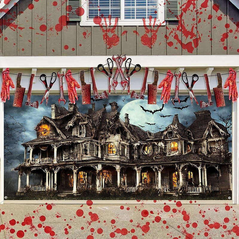 Halloween Garage Door Cover Large Hanging Backdrop Castle Dark Punk Gothic Style Party Outdoor Shooting Backgrounds Yard Haunted House Home Decor2