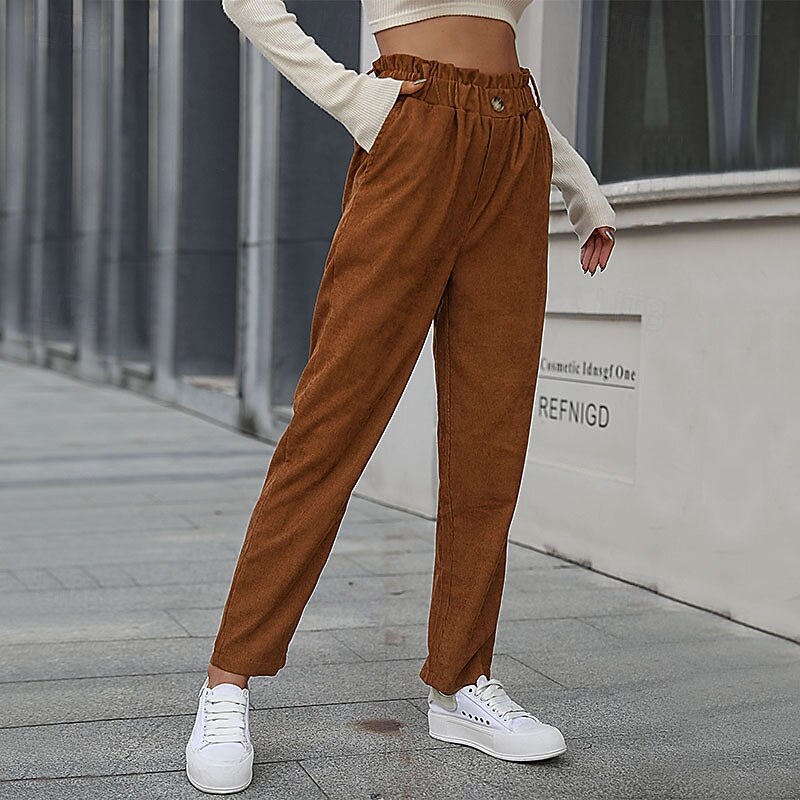 Women's Slacks Straight Streetwear Casual Full Length Natural Plain Pocket Elastic Waist Comfortable Outdoor Vacation Going out Camel Fall Regular Fit2