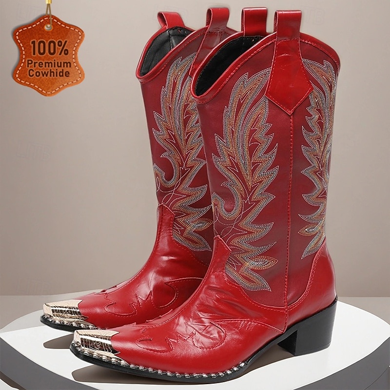Men's Red Leather Cowboy Boots – Western Style Embroidered Tall Boots for Rodeo, Horse Riding and Country Festivals