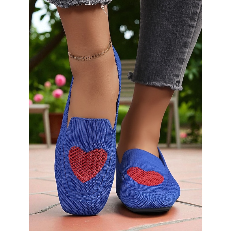 Women's Orange Flyknit Loafers with Black Heart Pattern, Breathable Slip-On Flats for Casual Wear and Halloween Festivities