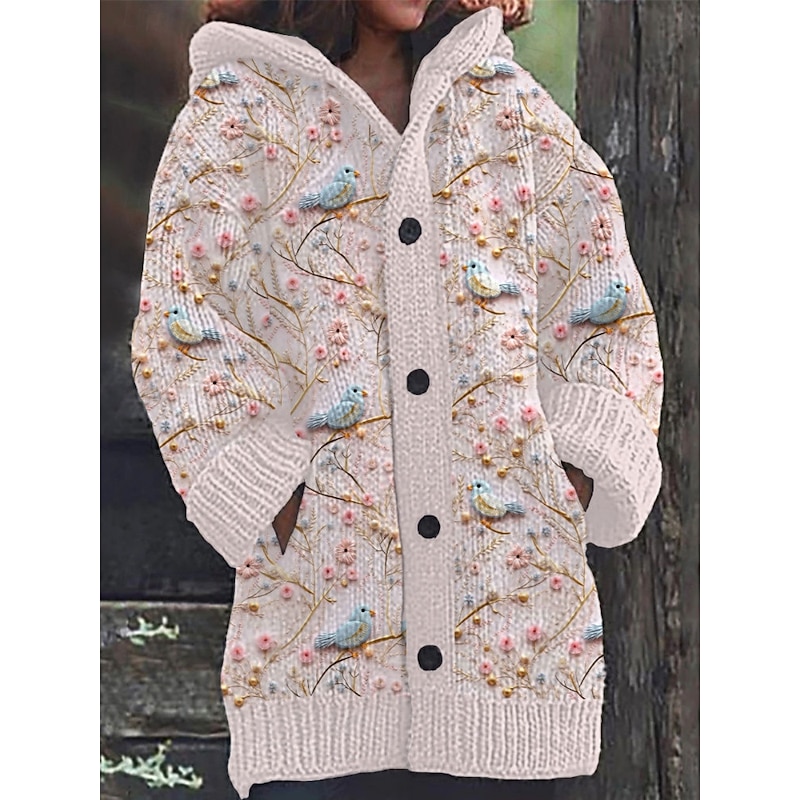 Women's Cardigan Vacation Daily Floral Ribbed Hooded Knitted Print Front Pocket Long Sleeve Regular Tops Knit Outdoor Daily Holiday White Yellow Fall Winter2