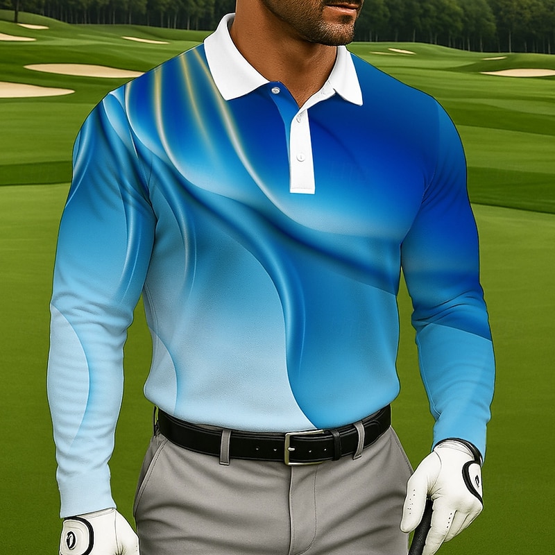 Men's Geometic Golf Polo Long Sleeve Polo Shirts Lapel Casual Athleisure Daily Wear 3D Print Buttons Spring Fall Winter Black Blue Green3