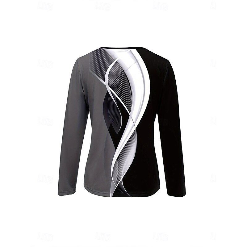 Women's T Shirt Graphic Geometric Elegant Vintage Stylish Long Sleeve Round Neck Notched Neck Regular Tops Daily Weekend Zipper Print Black Spring Fall Winter3