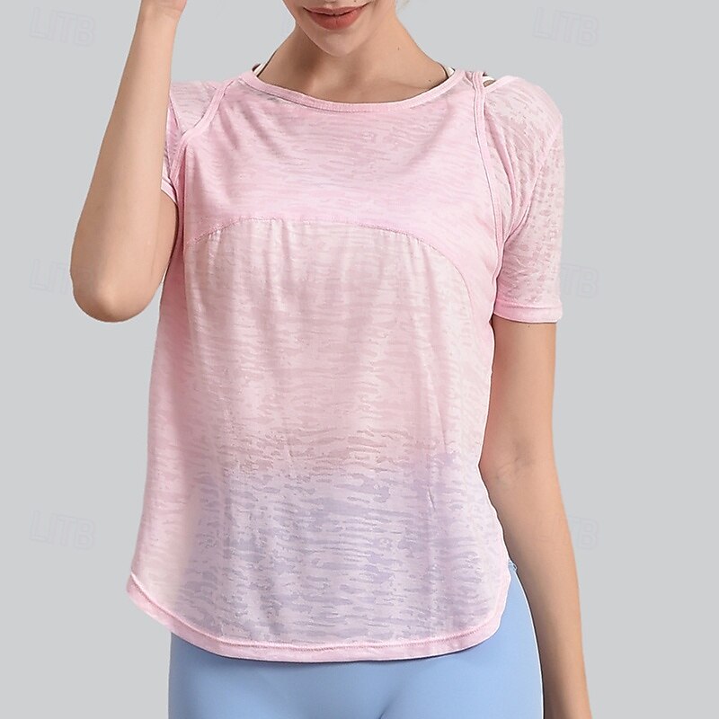 Women's Yoga Shirts Crew Neck Breathable Short Sleeve Sports Solid Color Top For Gym Running Fitness Loose Fit Activewear3