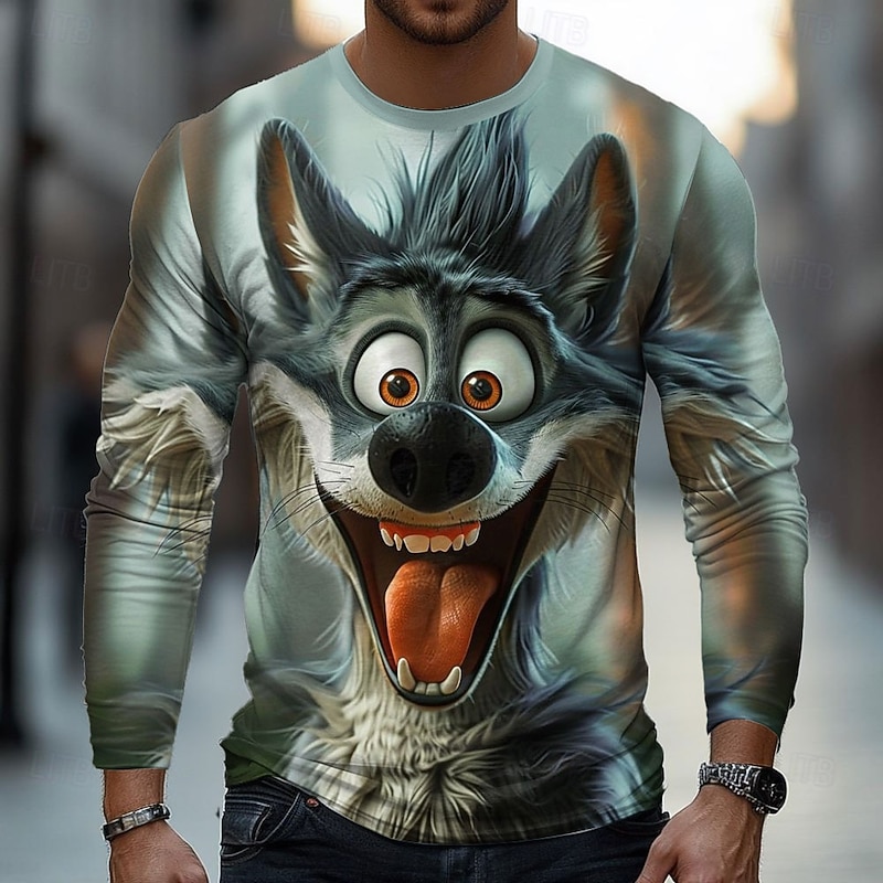 Men's Wolf 3D T Shirt Long Sleeve T shirt 3D Print Crew Neck Shirt Fashion Basic Street Casual Daily Blue 1# Blue Gray Summer Spring Clothing Apparel S M L XL XXL XXXL