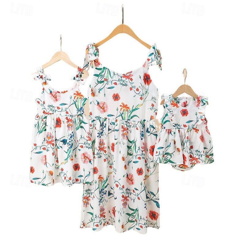 Mommy and Me Dresses Floral Street Print White Green Sleeveless Above Knee Strap Dress Adorable Matching Outfits2