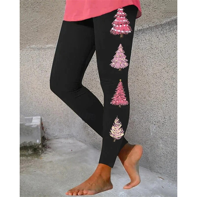 Women's Pants Trousers Leggings Cozy Leggings Streetwear Casual Full Length High WaistPantsChristmas Tree Elastic Waist Print Breathability Comfortable Stretchy Vacation Street Daily Wear Black 1