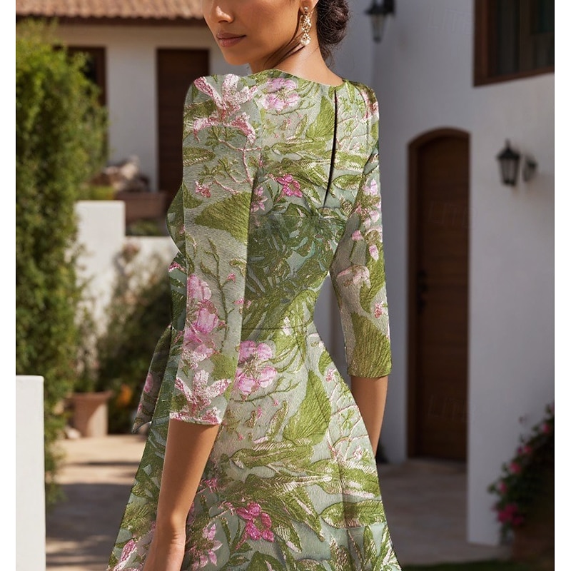 Jacquard Gown A-Line Cocktail Dresses Elegant Dress Formal Wedding Guest Floor Length Long Sleeve V Neck Pocket Nylon with Bow(s) Slit Pocket2