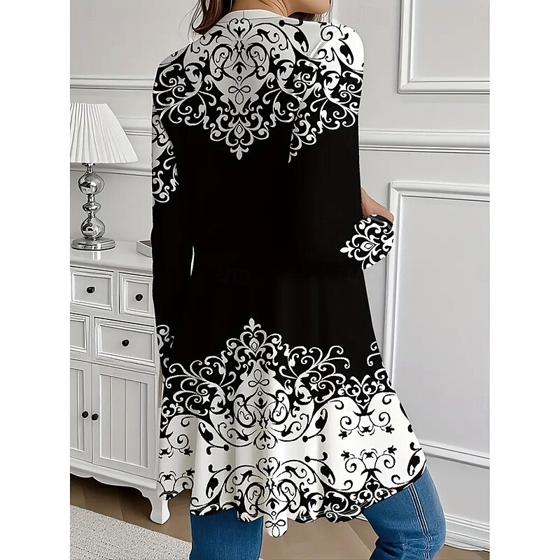 Women's Winter Coat Trench Coat Lightweight Comfortable Print Open Front Vintage Fashion Casual Floral Vacation Casual Long Collarless Regular Fit Long Sleeve Outerwear White Pink Blue Spring Fall2