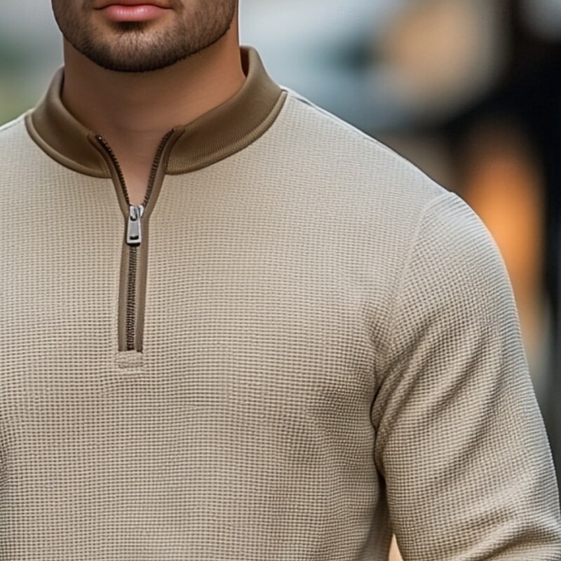 Men's Waffle T-shirt T Shirt Long Sleeve Stand Collar All Seasons Color Block Traditional / Vintage Casual Zip Up Outdoor Home Sports & Outdoor Khaki Top Tee for Men2