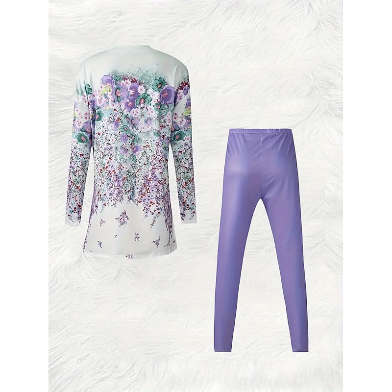 Women's Pajama Set Loungewear Round Neck Long Sleeve Casual Fashion Pants Sets Floral Graphic Print Daily Daily Blue Purple Regular Fit4