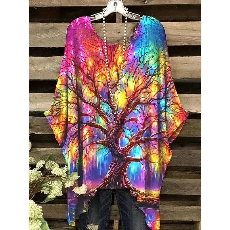 Women's Blouse Floral Graphic Animal Vintage Daily Casual Half Sleeve Batwing Sleeve Crew Neck Regular Tops Daily Holiday Beach Wear Asymmetric Orange Rainbow Beige Gray Summer Spring