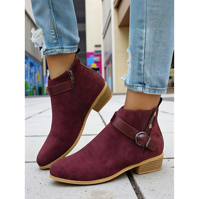 Women's Burgundy Faux Suede Ankle Boots with Buckle Strap – Stylish Low Heel Booties for Casual Outfits, Outdoor Strolls and Autumn Wear - Main Image