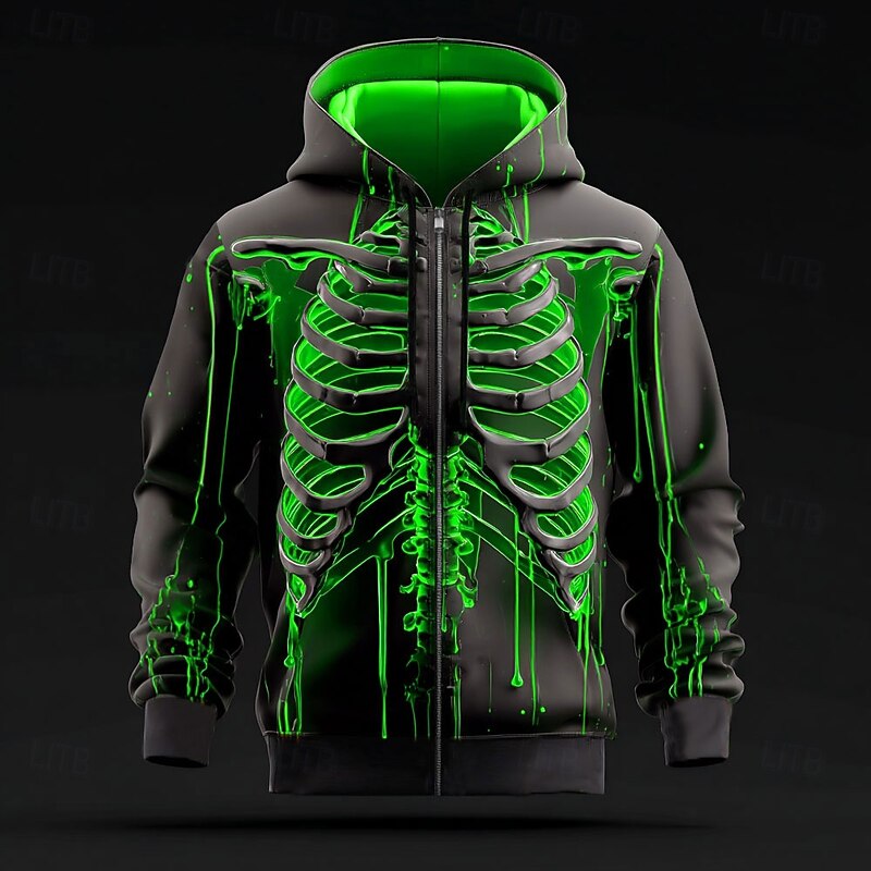 Halloween Men's 3D Skeleton Hoodie Sweatshirt Punk Cool Crew Neck Party Gift Streetwear Red Blue Drawstring Zipper Fall Winter Designer2