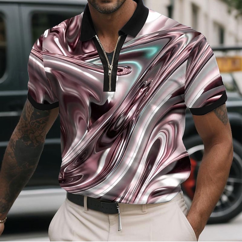 Men's Abstract Metallic Zip Polo Shirts Short Sleeve Polo Shirts Collared Shirts Casual Athleisure Daily Wear 3D Print Summer Pink Blue Green3