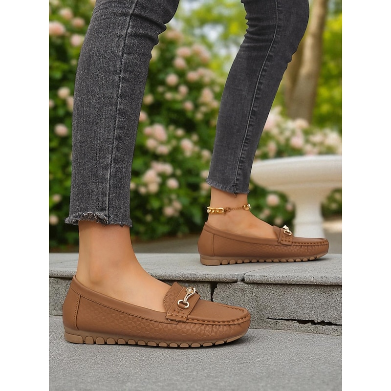 Women's Slip-On Driving Loafers – Brown Anti-Slip Moccasin Flats with Metal Bit Detail for Work, Travel and Daily Wear3