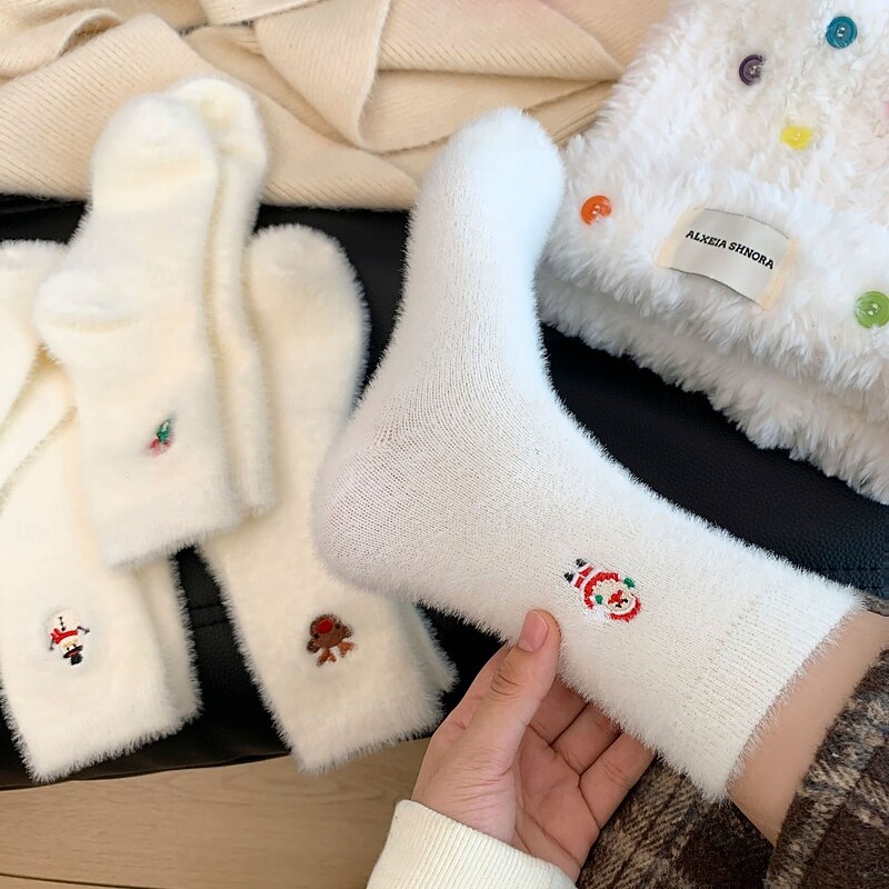 Winter Christmas Socks for Women, Thick Warm Fuzzy Socks with Snowman & Santa Claus Design, Cozy White Mink Plush Holiday Socks, Cute Xmas Tree Pattern Sleep Socks4