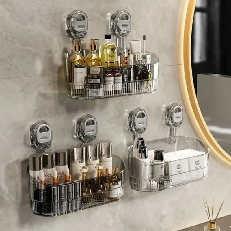Suction Cup Storage Rack with Drain Hole Wall Mounted Organizer for Home Bathroom Durable Suction Cup Holder Large Capacity Vanity Shelf Storage Rack for Toiletries Essentials