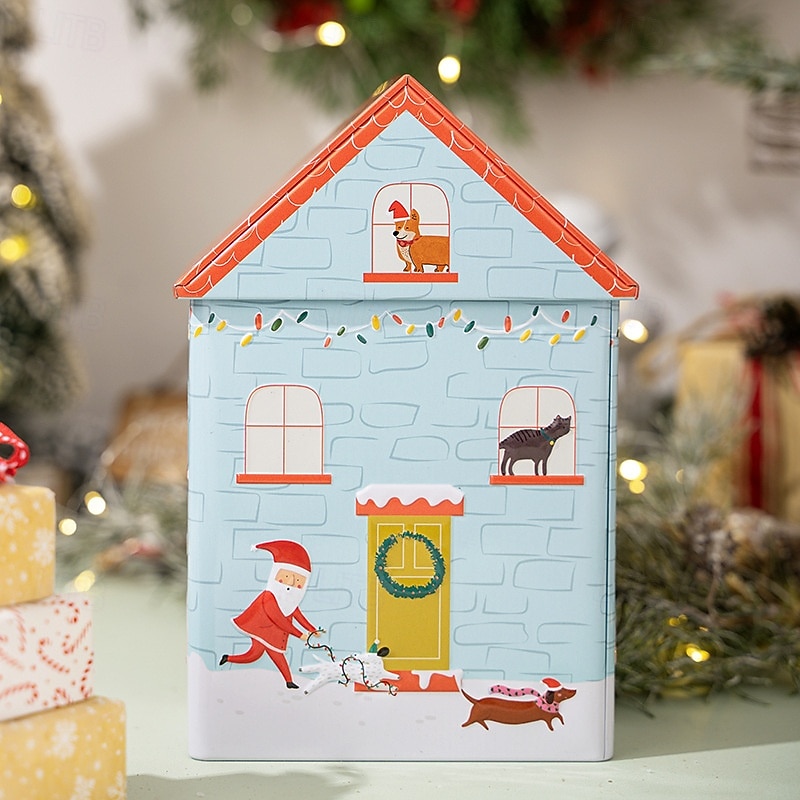Christmas Cookie Tins with Lids for Gift Giving Xmas Tin Containers Creative Blue Dog House Design Metal Storage Box Holiday Candy Gift Packaging Festive Christmas Party Decoration Accessory