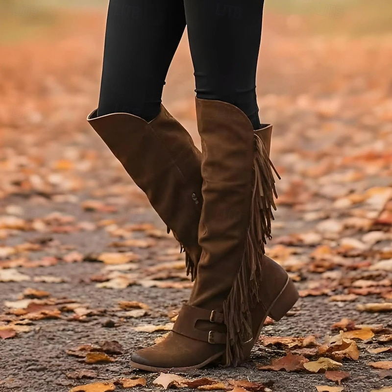 Women's Brown Suede Fringe Knee-High Boots with Buckle Straps - Western Style for Festivals, Casual Outings, and Outdoor Adventures