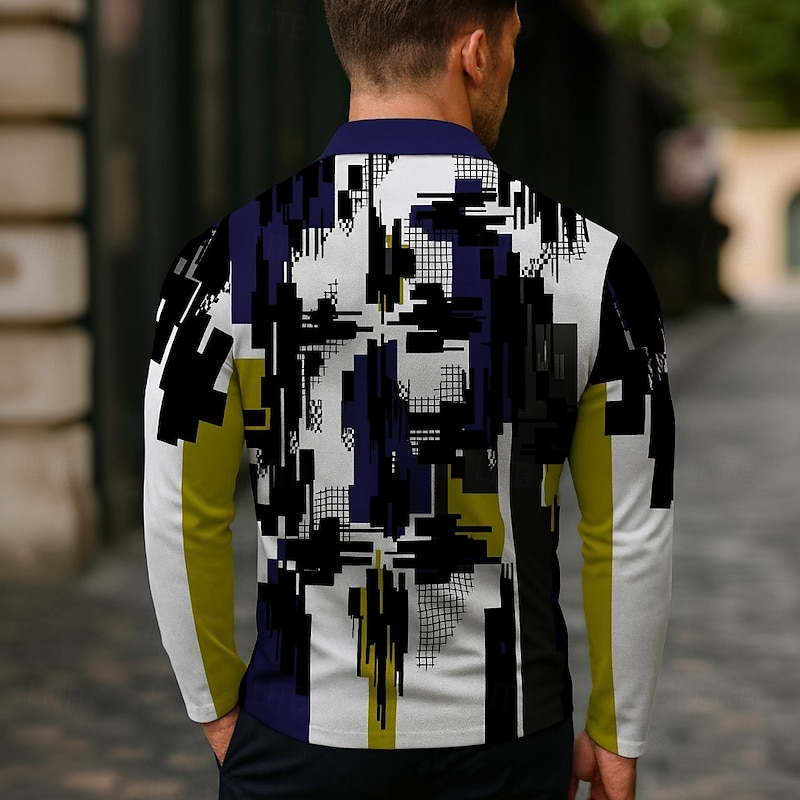 Men's Abstract Geometic Polo Long Sleeve Polo Shirts Lapel Casual Street Athleisure Daily Wear 3D Print Buttons Spring Fall Winter Black2